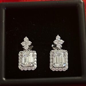 Luxury Moissanite Diamond emerald cut Solid Silver earrings retail $699